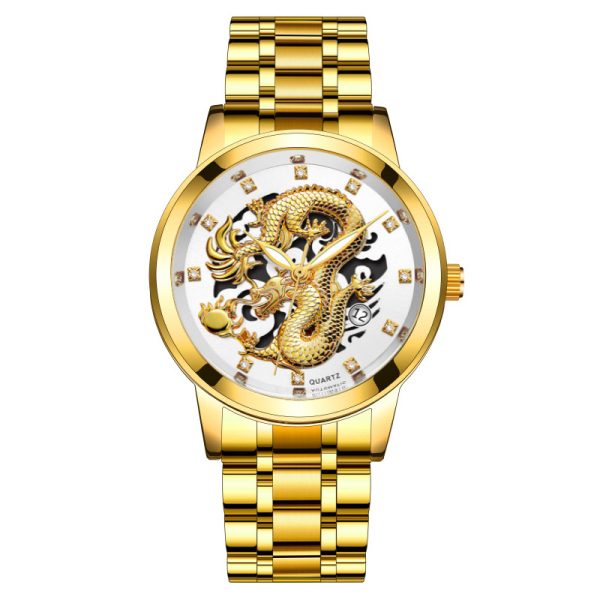 Fashion calendar men's watch men's watch steel band non-mechanical business waterproof square diamond Chinese dragon watch - 图片 4