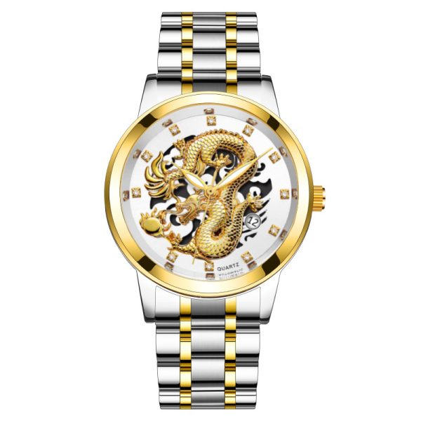 Fashion calendar men's watch men's watch steel band non-mechanical business waterproof square diamond Chinese dragon watch - 图片 8