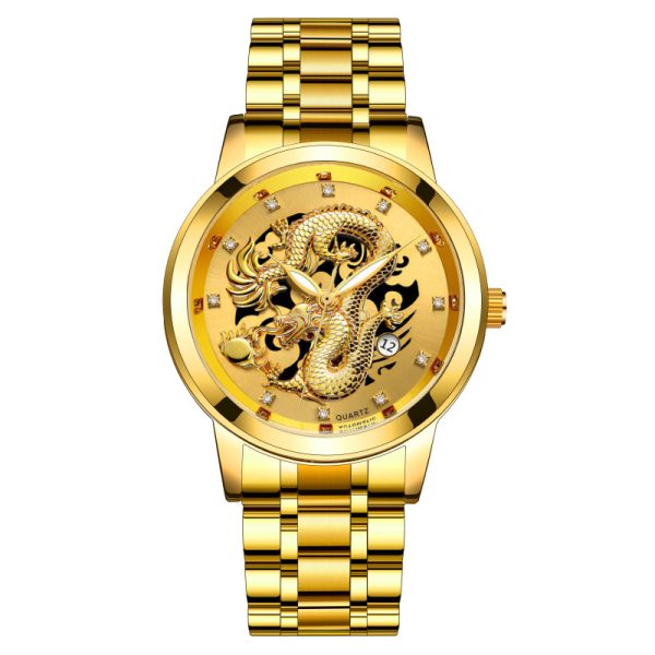 Fashion calendar men's watch men's watch steel band non-mechanical business waterproof square diamond Chinese dragon watch - 图片 7