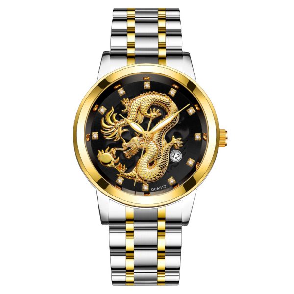 Fashion calendar men's watch men's watch steel band non-mechanical business waterproof square diamond Chinese dragon watch - 图片 9