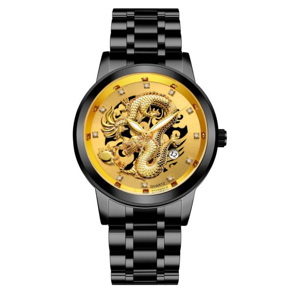 Fashion calendar men's watch men's watch steel band non-mechanical business waterproof square diamond Chinese dragon watch - 图片 10