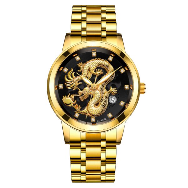 Fashion calendar men's watch men's watch steel band non-mechanical business waterproof square diamond Chinese dragon watch - 图片 3