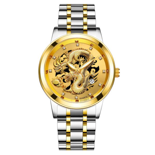 Fashion calendar men's watch men's watch steel band non-mechanical business waterproof square diamond Chinese dragon watch - 图片 5