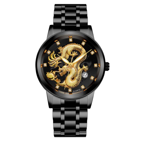 Fashion calendar men's watch men's watch steel band non-mechanical business waterproof square diamond Chinese dragon watch - 图片 11