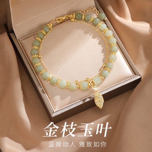 Explosions new Chinese style gold branches and jade leaves imitation Hetian jade bracelet high quality ladies bracelet jewelry multi-layer beaded