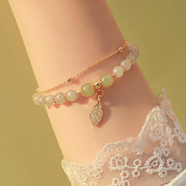 Explosions new Chinese style gold branches and jade leaves imitation Hetian jade bracelet high quality ladies bracelet jewelry multi-layer beaded - 图片 2