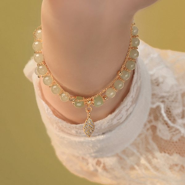 Explosions new Chinese style gold branches and jade leaves imitation Hetian jade bracelet high quality ladies bracelet jewelry multi-layer beaded - 图片 3