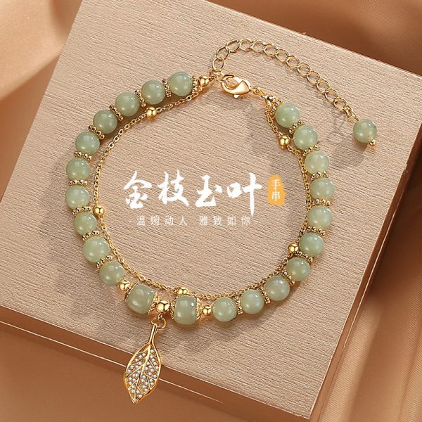 Explosions new Chinese style gold branches and jade leaves imitation Hetian jade bracelet high quality ladies bracelet jewelry multi-layer beaded - 图片 6