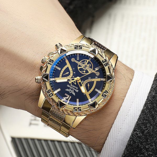 Fashion blue light large dial gold watch men's watch men's watch quartz watch steel belt watch - 图片 2