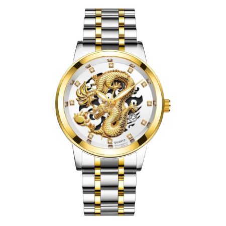 Fashion calendar men's watch men's watch steel band non-mechanical business waterproof square diamond Chinese dragon watch