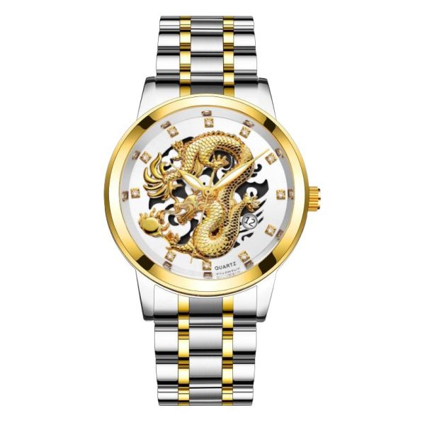 Fashion calendar men's watch men's watch steel band non-mechanical business waterproof square diamond Chinese dragon watch