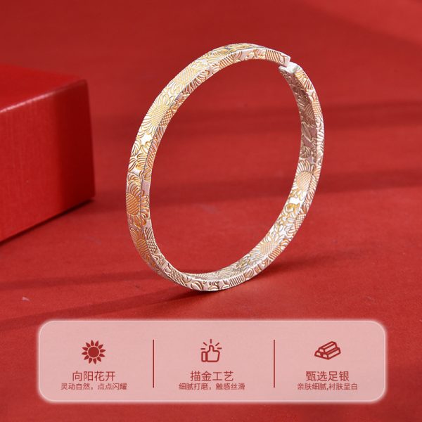 9999 Sterling Silver Sunflower Bracelet Women's Guofeng Ancient Style Opening Internet Popular Bracelet Full-gold Sunflower Silver Bracelet - 图片 2