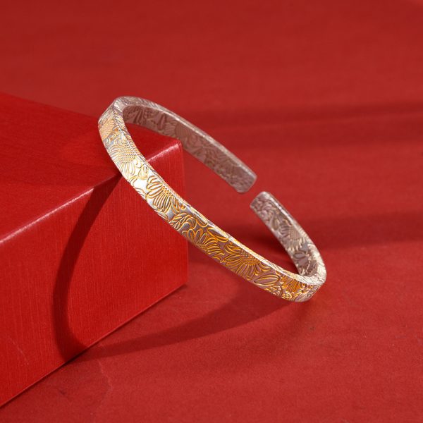9999 Sterling Silver Sunflower Bracelet Women's Guofeng Ancient Style Opening Internet Popular Bracelet Full-gold Sunflower Silver Bracelet - 图片 4